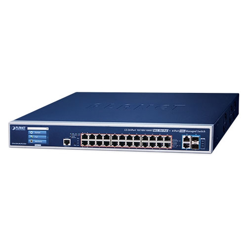 L3 24-Port 10/100/1000T 802.3bt PoE + 2-Port 10GBASE-T + 2-Port 10G SFP+ Managed Switch with LCD Touch Screen and Redundant Power