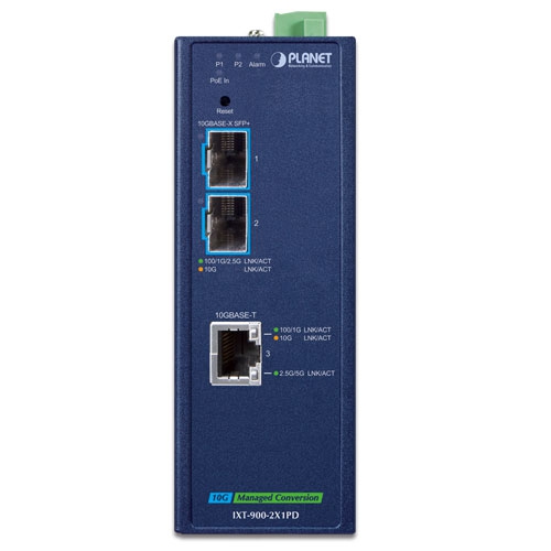 Industrial 2-Port 10GBASE-X SFP+ + 1-Port 10GBASE-T PoE PD Managed Media Converter