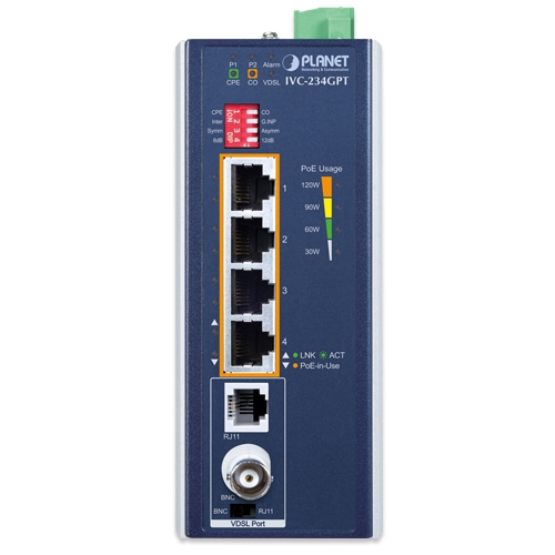 Industrial 4-Port 10/100/1000T 802.3at PoE+ to VDSL2 Extender