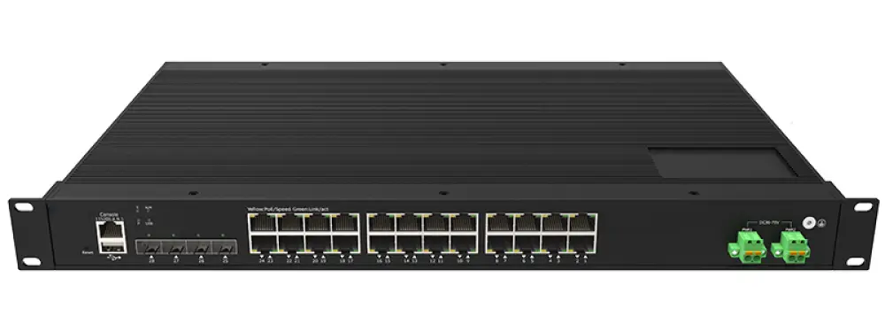 Промышленный L2+ PoE коммутатор 24×GE PoE RJ45 + 4×1G/2.5G SFP, Rack-mount, -40…+75°C, 370 Вт