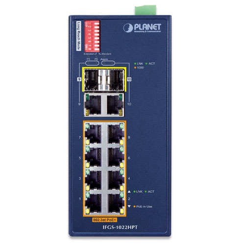 IFGS-1022HPT - Промисловий некерований комутатор з 8 PoE+ портами та 2 Gigabit TP/SFP комбо портами