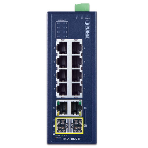 IFGS-1022TF - Industrial 8-Port 10/100TX + 2-Port Gigabit TP/SFP Combo Ethernet Switch