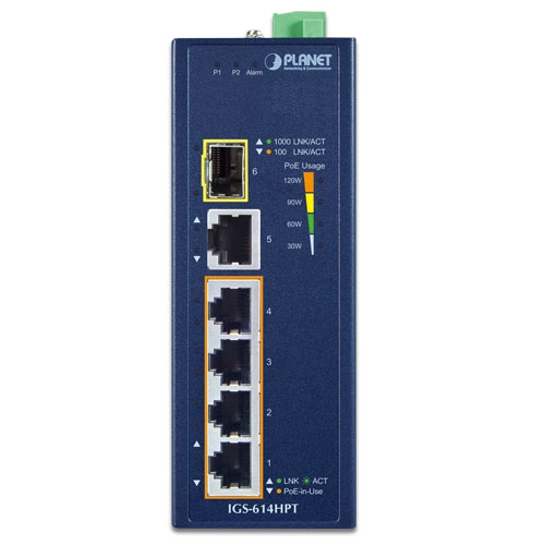IGS-614HPT - Промышленный неуправляемый коммутатор с 4 PoE+ портами, 1 Gigabit портом и 1 SFP слотом