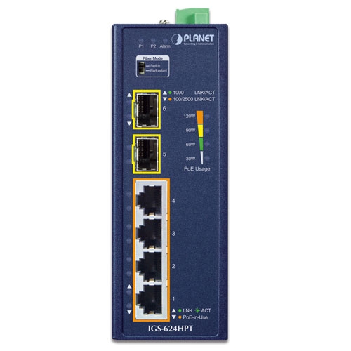 IGS-624HPT - Промышленный неуправляемый коммутатор с 4 PoE+ портами, 2 SFP слотами