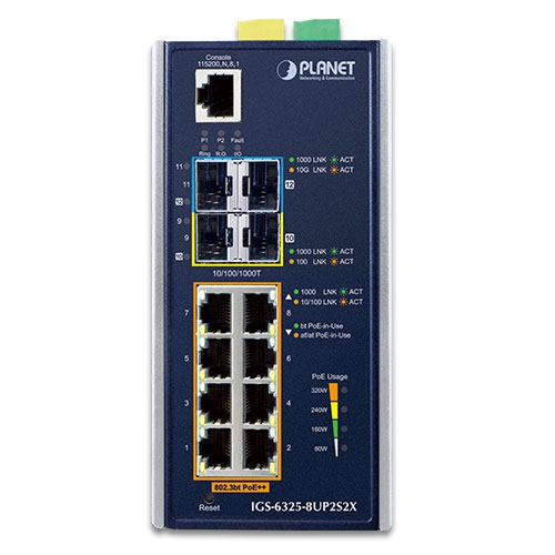 Промышленный L3 8x10/100/1000T 802.3bt PoE + 2x1G/2.5G SFP + 2x10G SFP+ управляемый Ethernet коммутатор - IGS-6325-8UP2S2X
