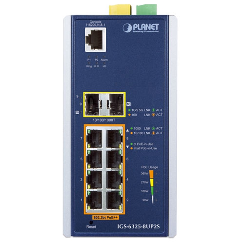 Промисловий 8-портовий 10/100/1000T 802.3bt PoE + 2-портовий 100/1000X SFP керований комутатор Ethernet L3 - IGS-6325-8UP2S