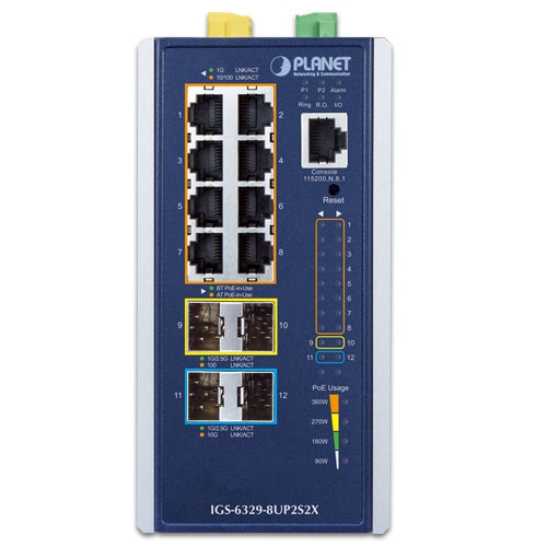 Промышленный L3 8-портовый 10/100/1000T 802.3bt PoE + 2-портовый 1G/2.5G SFP + 2-портовый 10G SFP+ управляемый Ethernet-коммутатор - IGS-6329-8UP2S2X