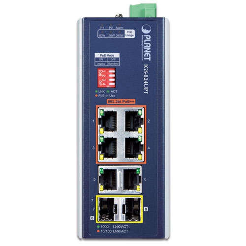 IGS-824UPT - Промисловий некерований комутатор з 4 PoE++ портами, 2 Gigabit портами та 2 SFP слотами