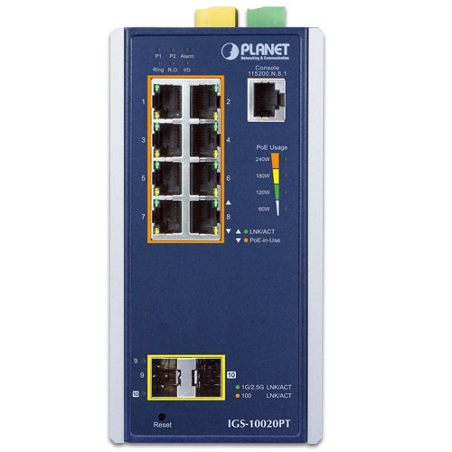 GS-10020PT - Промисловий 8 x 10/100/1000T 802.3at PoE + 2 x 1G/2.5G SFP керований комутатор