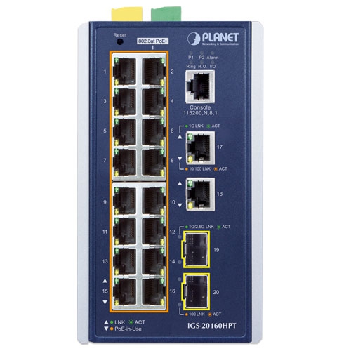 IGS-20160HPT - Промисловий L3 16 x 10/100/1000T 802.3at PoE + 2 x 10/100/1000T + 2 x 1G/2.5G SFP керований комутатор Ethernet