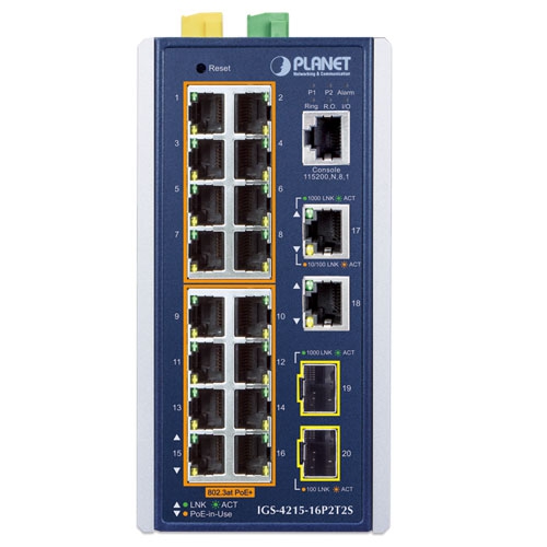 IGS-4215-16P2T2S - Промисловий керований комутатор L2/L4 з 16 PoE+ портами, 2 Gigabit портами та 2 SFP слотами