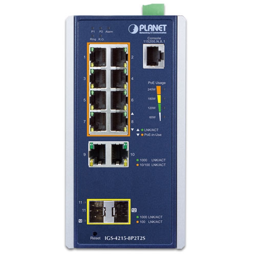 IGS-4215-8P2T2S - Промисловий керований комутатор L2/L4 з 8 PoE+ портами, 2 Gigabit портами та 2 SFP слотами