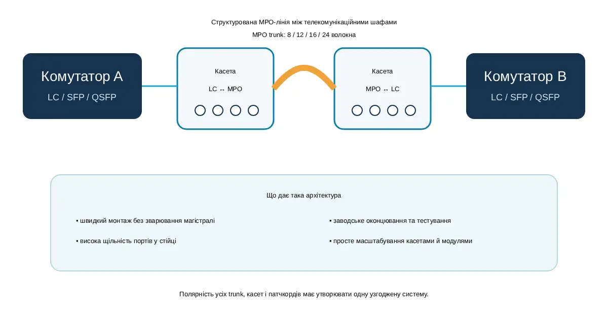 Схема MPO trunk линии между двумя телекоммуникационными шкафами