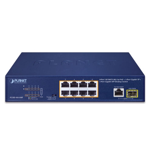 FGSD-1011HP - 8-Port 10/100TX 802.3at PoE + 1-Port 10/100/1000T + 1-Port 100/1000X SFP