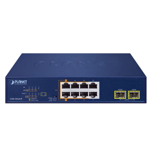 GSD-1022UP - 2-Port 10/100/1000T 802.3bt PoE + 4-Port 10/100/1000T 802.3at PoE + 2-Port 10/100/1000T + 2-Port 1000X SFP