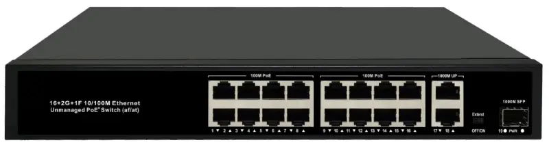 PoE комутатор 16FE PoE + 2GE RJ45 + 1G SFP, 300 Вт — PS-FE16-300-2G1S