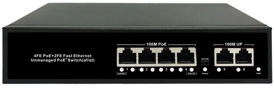PoE коммутатор PS-FE4-65-2U, 4×FE PoE + 2×FE Uplink, 65 Вт