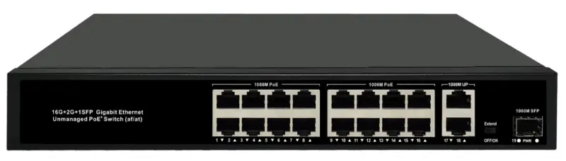 PoE комутатор PS-GE16-300-2G1S, 16×GE PoE+, 2×GE RJ45 Uplink, 1×SFP, 300 Вт