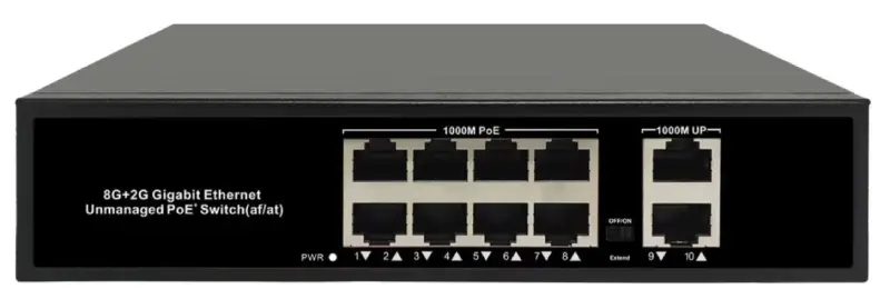 PoE коммутатор Gigabit 8×PoE+ RJ45 + 2×Gigabit RJ45 Uplink, 150 Вт, PS-GE8-150-2G