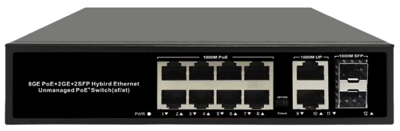 PoE комутатор PS-GE8-150-2G2S, 8×GE PoE+, 2×GE RJ45 Uplink, 2×SFP, 150 Вт