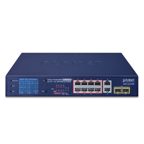 GSD-1222VHP - 8-Port 10/100/1000T 802.3at PoE + 2-Port 10/100/1000T + 2-Port 1000SX SFP